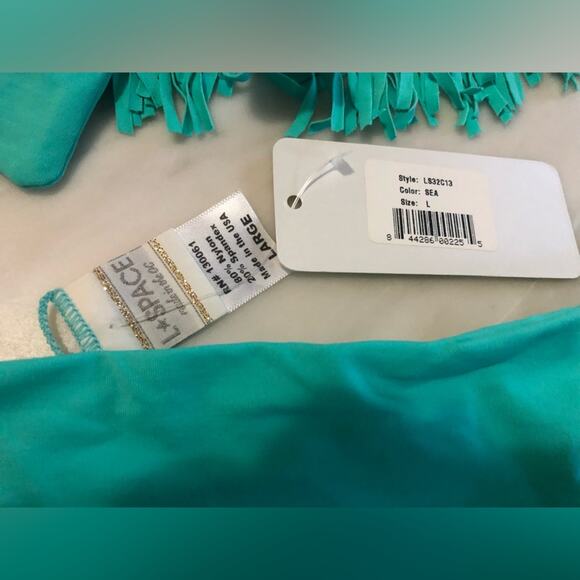 NEW L*SPACE PEACOCK KNOTTED BANDEAU FRINGE BIKINI SET top XS bottom L - Picture 5 of 5